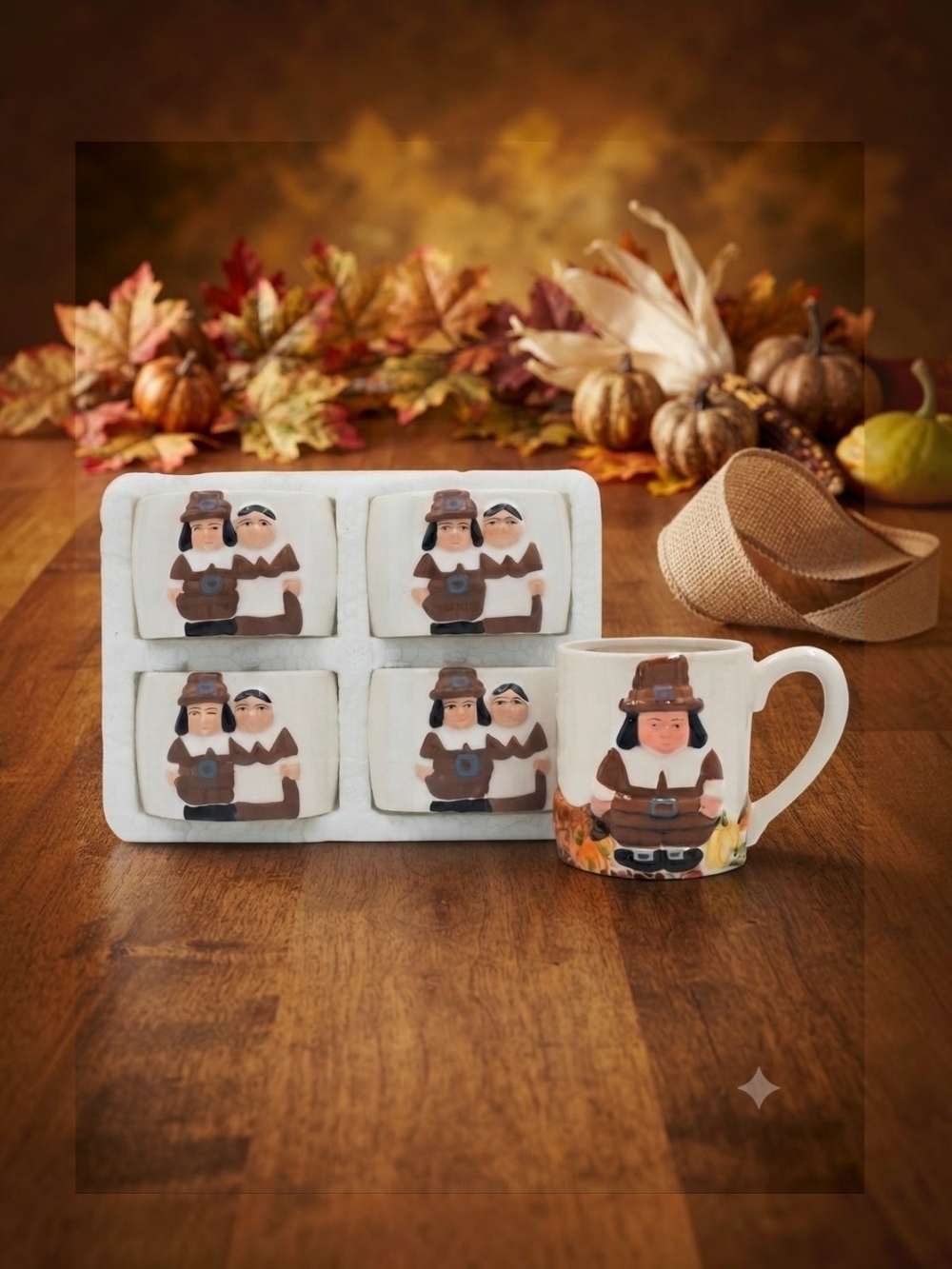 ​Publix The Pilgrim Pair Thanksgiving Coffee Mug Set + Napkin Holder Ceramic **